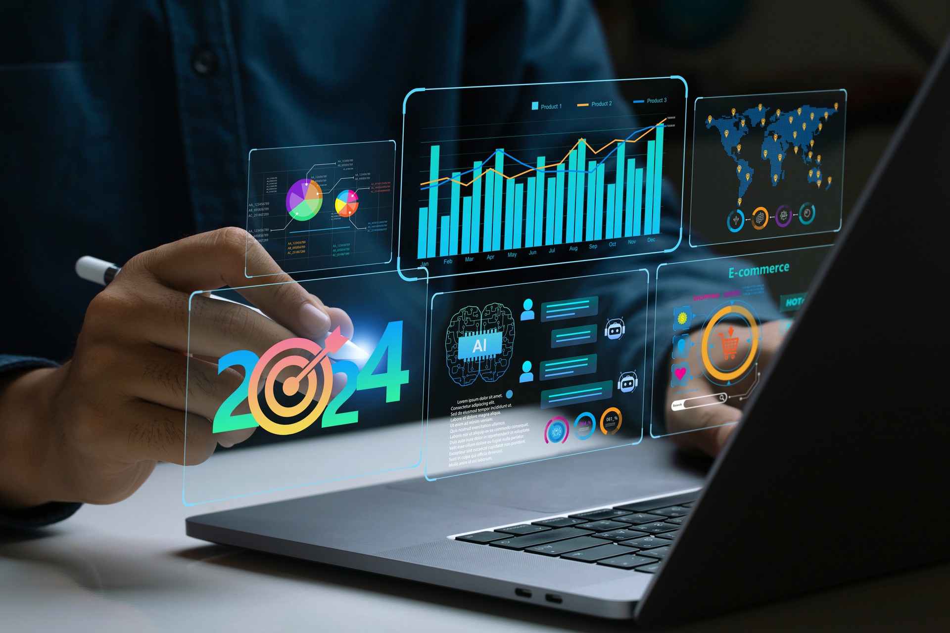 Businessman works on laptop Showing 2024 business trends dashboard with charts, metrics,  AI, E-commerce, KPI. analytical businessperson planning business growth 2024. New Year Future business tech.